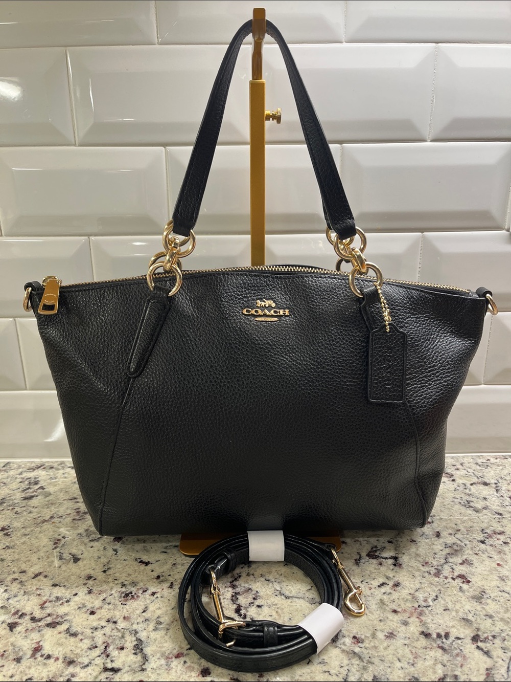 Coach Kelsey Satchel in Black Pebbled Leather with Crossbody Strap EUC
